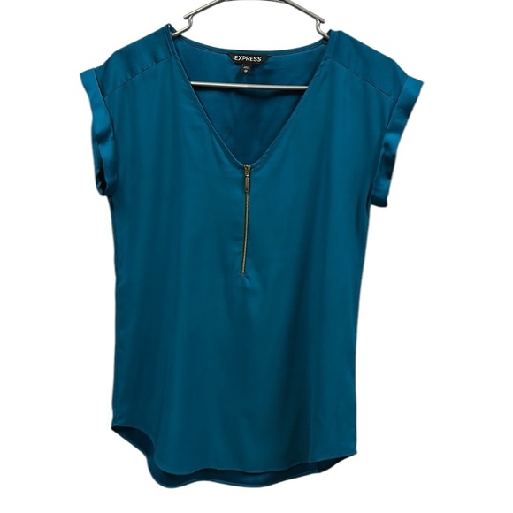 Express Zipper Front Peacock Blue Satin Short Cuff Sleeve Blouse Womens XS - Picture 6 of 8